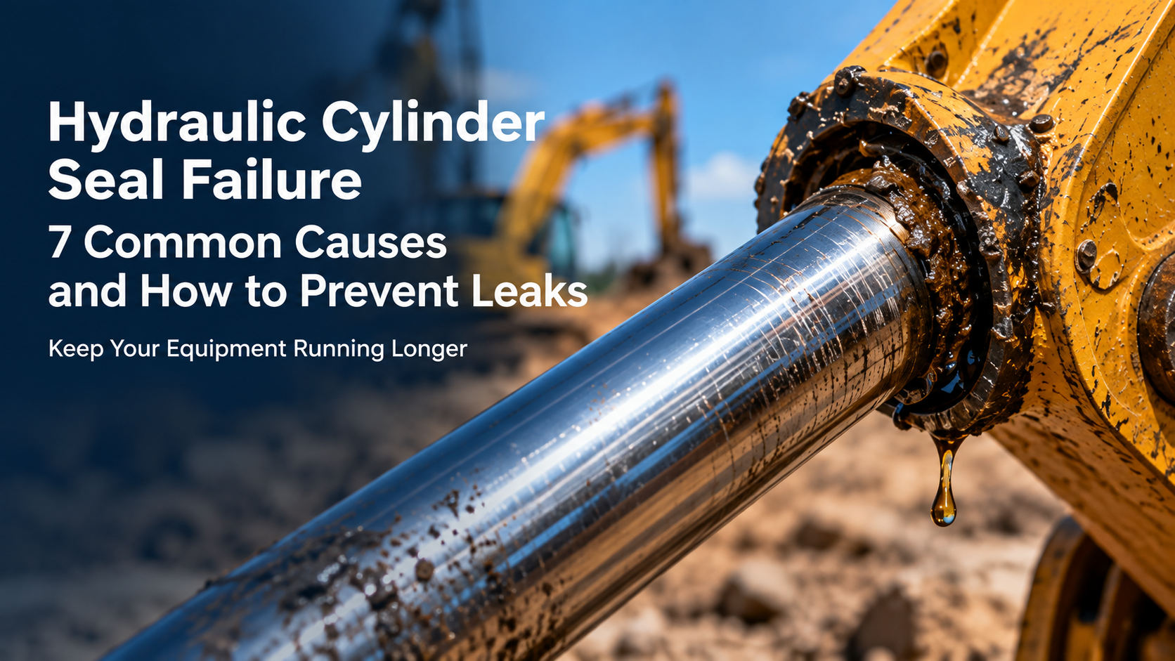 Hydraulic cylinder seal failure on an excavator showing oil leakage from the rod seal