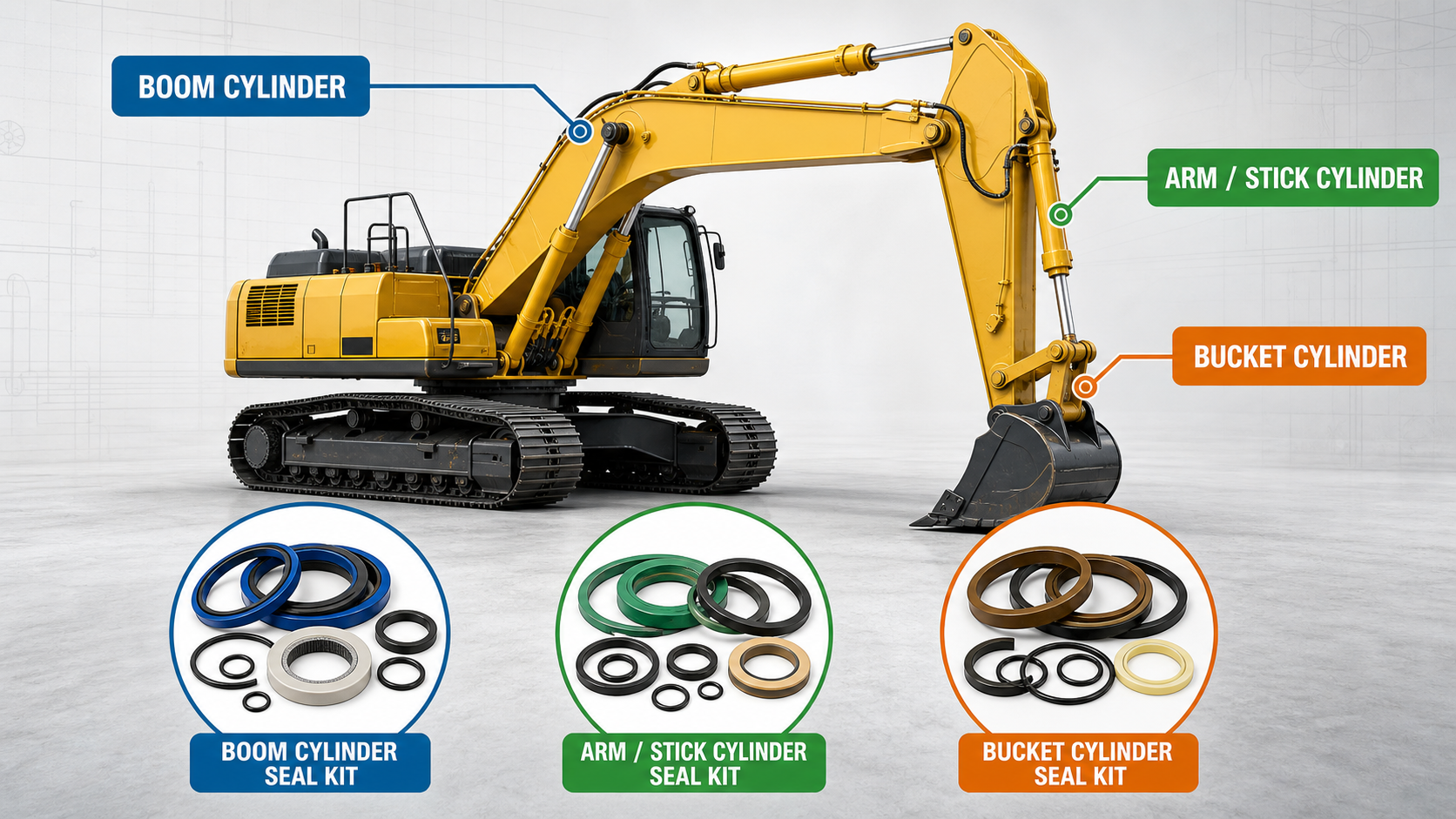 Excavator boom, arm or stick, and bucket cylinder locations with corresponding hydraulic seal kits