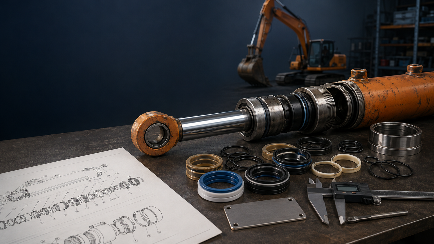Excavator hydraulic cylinder, seal kit components, technical drawing and digital caliper used for seal kit identification